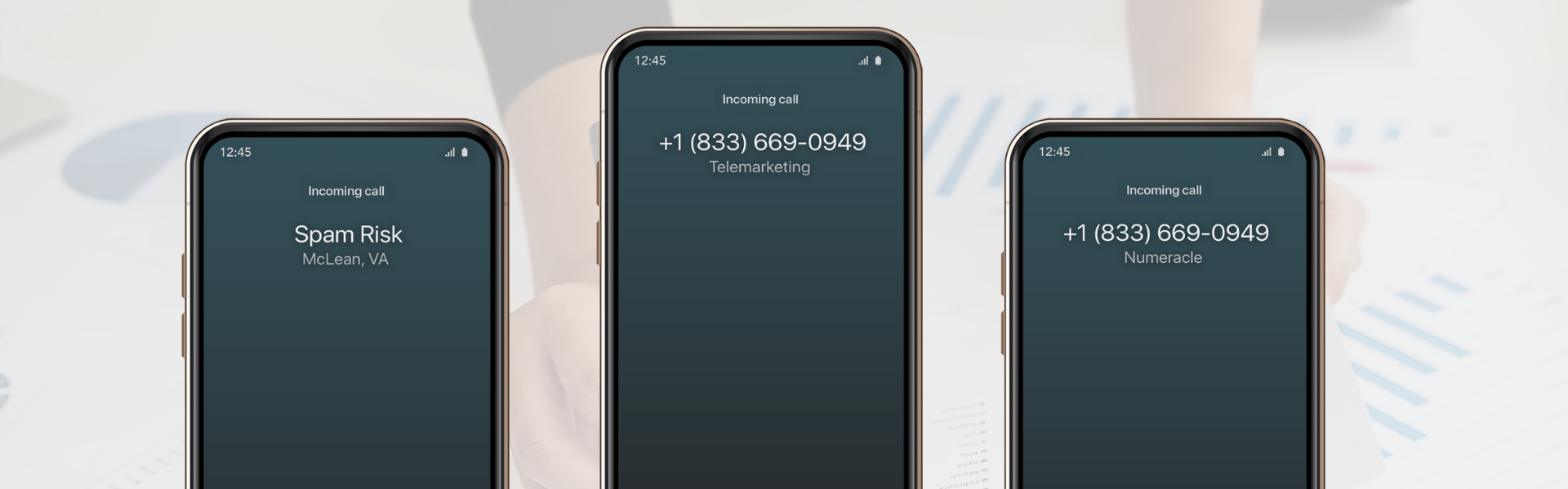 Three smartphones displaying different incoming Caller ID: "Spam Risk," "Telemarketing," and "+1 (833) 669-0949 Numeracle."